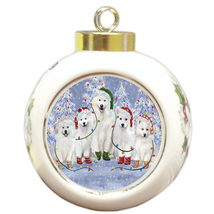 Christmas Lights and Samoyed Dogs Round Ball Christmas Ornament Pet Decorative Hanging Ornaments for Christmas X-mas Tree Decorations - 3" Round Ceramic Ornament