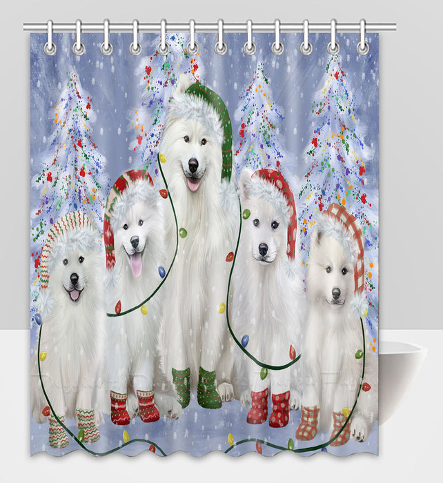 Christmas Lights and Samoyed Dogs Shower Curtain Pet Painting Bathtub Curtain Waterproof Polyester One-Side Printing Decor Bath Tub Curtain for Bathroom with Hooks