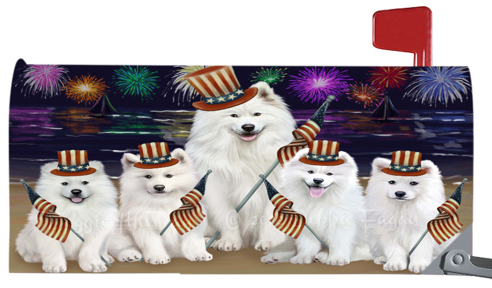 4th of July Independence Day Samoyed Dogs Magnetic Mailbox Cover Both Sides Pet Theme Printed Decorative Letter Box Wrap Case Postbox Thick Magnetic Vinyl Material