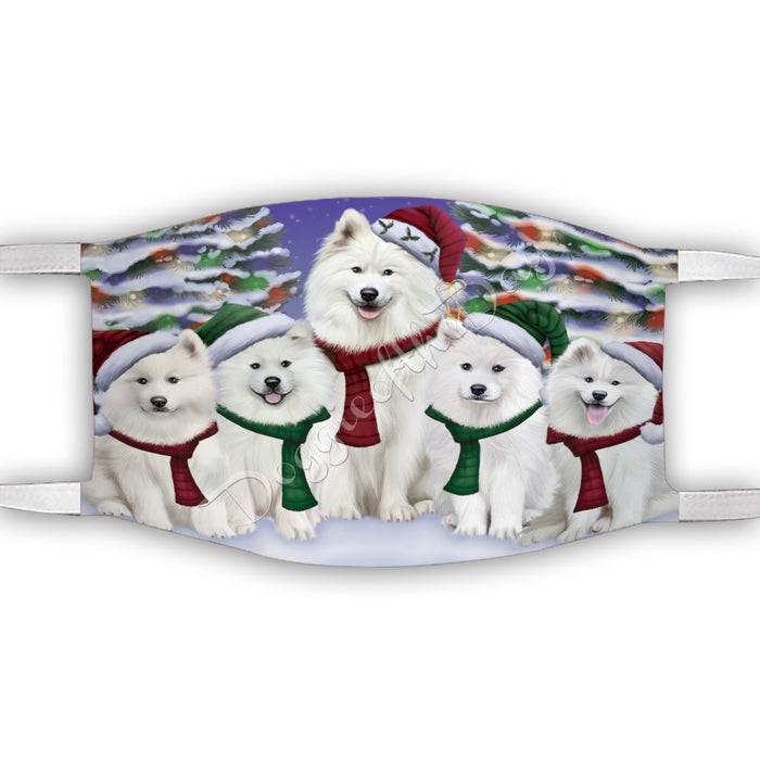 Samoyed Dogs Christmas Family Portrait in Holiday Scenic Background Face Mask FM48372