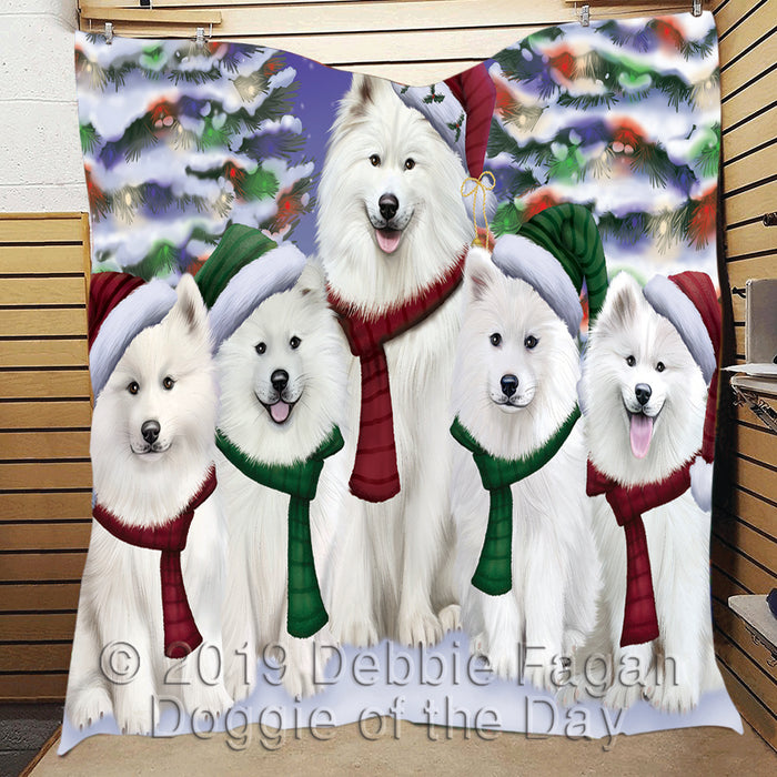 Samoyed Dogs Christmas Family Portrait in Holiday Scenic Background Quilt