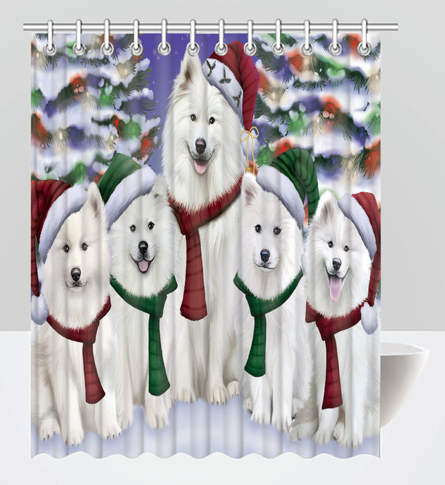 Samoyed Dogs Christmas Family Portrait in Holiday Scenic Background Shower Curtain