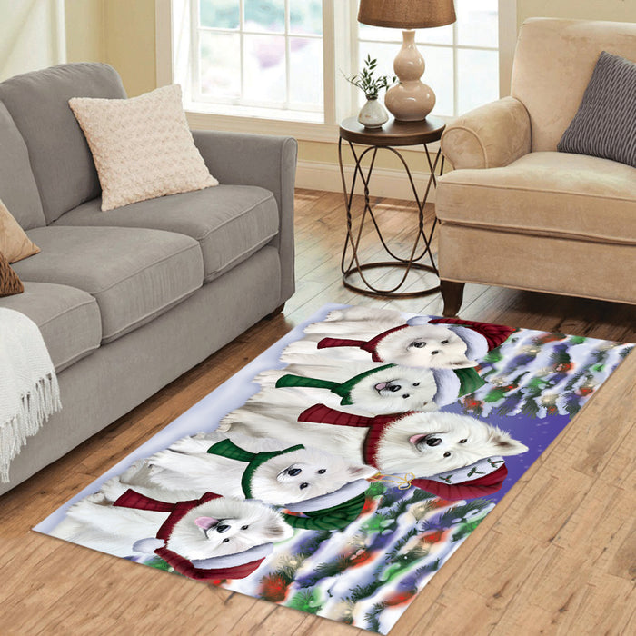 Samoyed Dogs Christmas Family Portrait in Holiday Scenic Background Area Rug