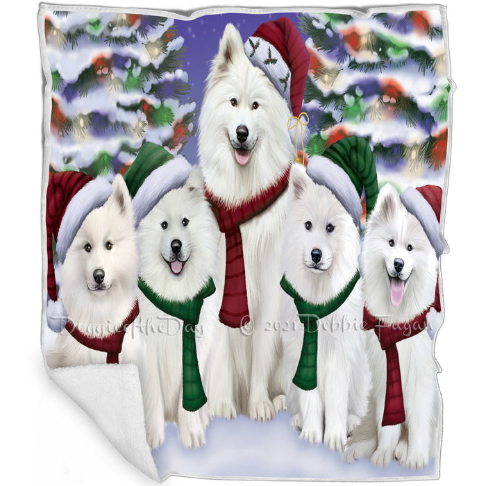 Samoyed Dog Christmas Family Portrait in Holiday Scenic Background Art Portrait Print Woven Throw Sherpa Plush Fleece Blanket D009