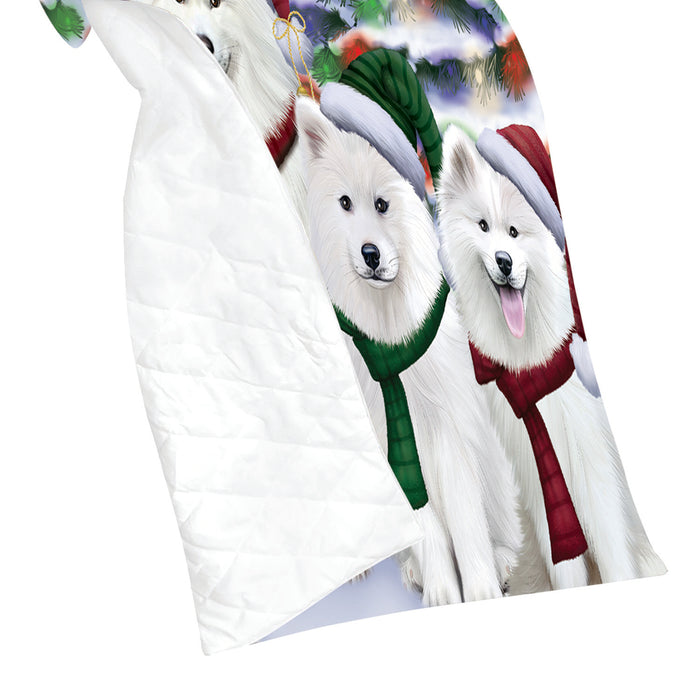 Samoyed Dogs Christmas Family Portrait in Holiday Scenic Background Quilt