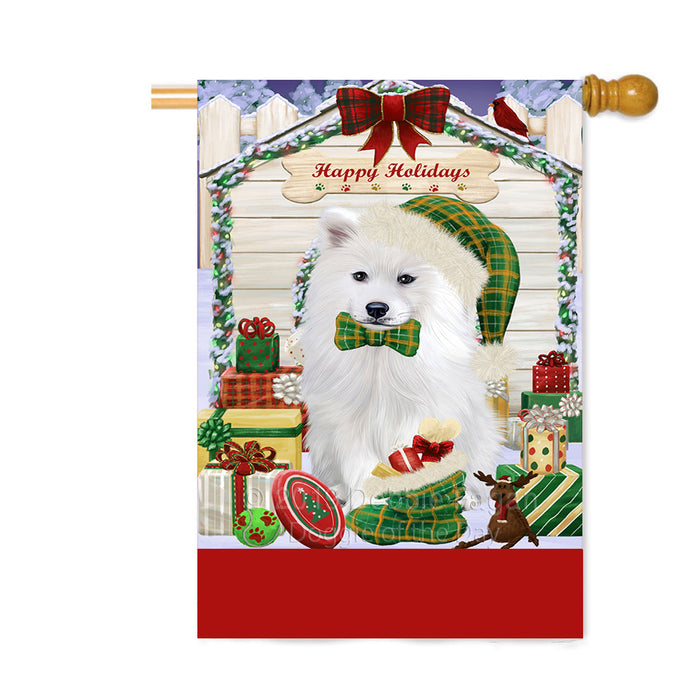 Personalized Happy Holidays Christmas Samoyed Dog House with Presents Custom House Flag FLG-DOTD-A59422