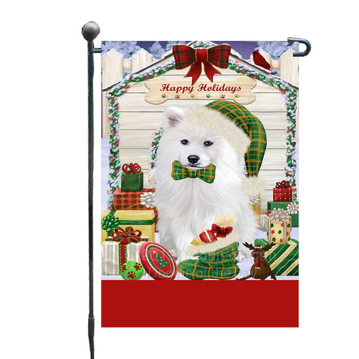 Personalized Happy Holidays Christmas Samoyed Dog House with Presents Custom Garden Flags GFLG-DOTD-A59366