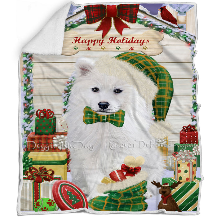 Happy Holidays Christmas Samoyed Dog House With Presents Blanket BLNKT86016