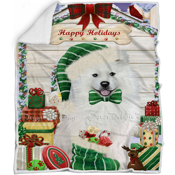 Happy Holidays Christmas Samoyed Dog House With Presents Blanket BLNKT86025
