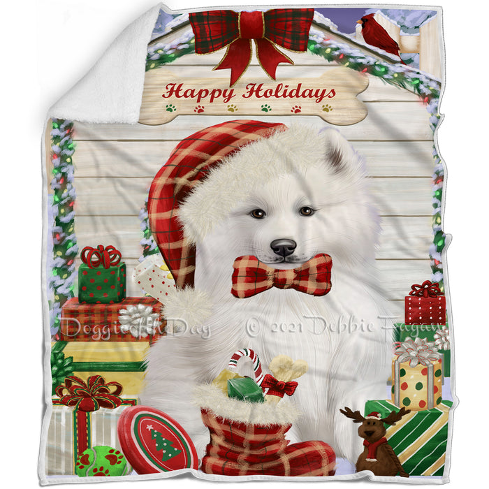 Happy Holidays Christmas Samoyed Dog House With Presents Blanket BLNKT86034