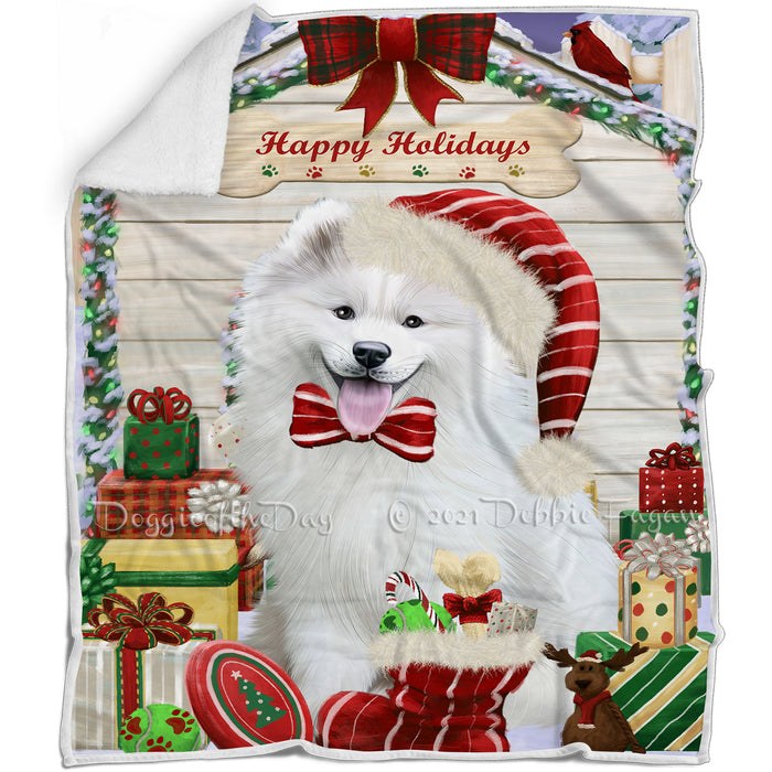 Happy Holidays Christmas Samoyed Dog House With Presents Blanket BLNKT86043