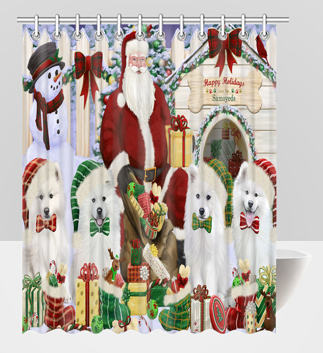 Happy Holidays Christmas Samoyed Dogs House Gathering Shower Curtain