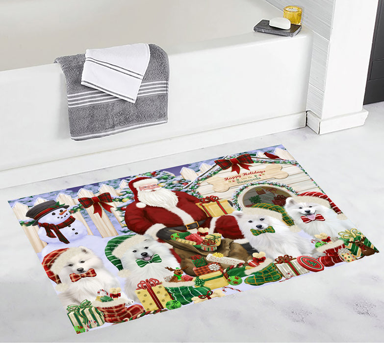 Happy Holidays Christma Samoyed Dogs House Gathering Bath Mat