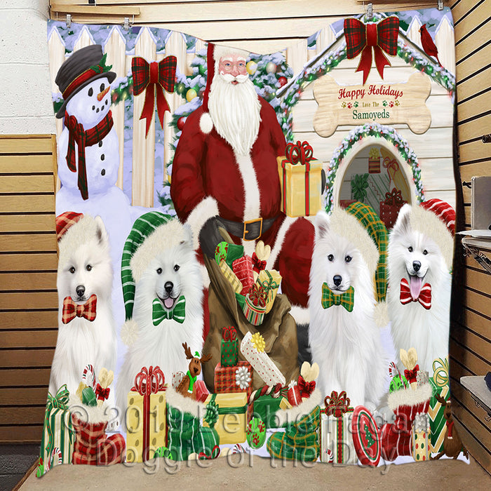 Happy Holidays Christmas Samoyed Dogs House Gathering Quilt