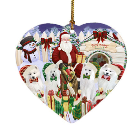 Happy Holidays Christmas Samoyeds Dog House Gathering Heart Christmas Ornament HPORA58516