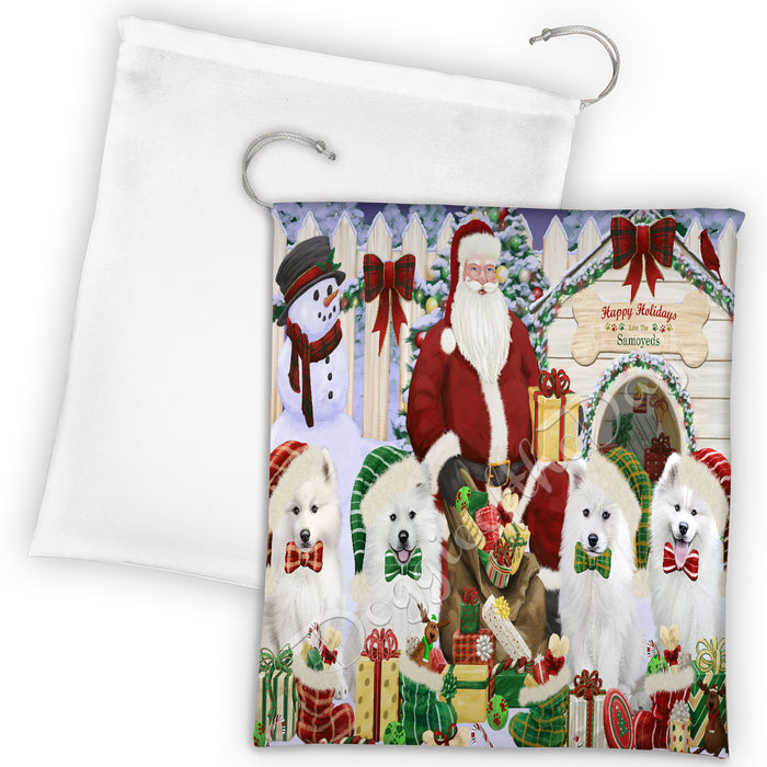 Happy Holidays Christmas Samoyed Dogs House Gathering Drawstring Laundry or Gift Bag LGB48074