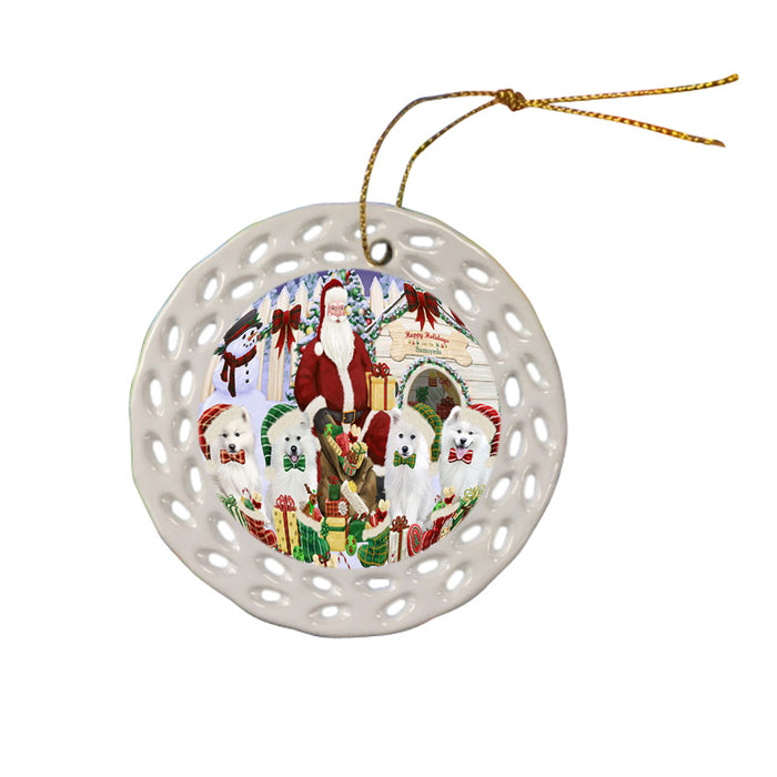 Happy Holidays Christmas Samoyeds Dog House Gathering Doily Ornament DPOR58167