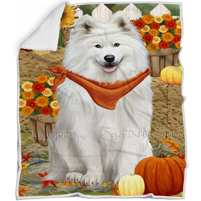 Fall Autumn Greeting Samoyed Dog with Pumpkins Blanket BLNKT73713