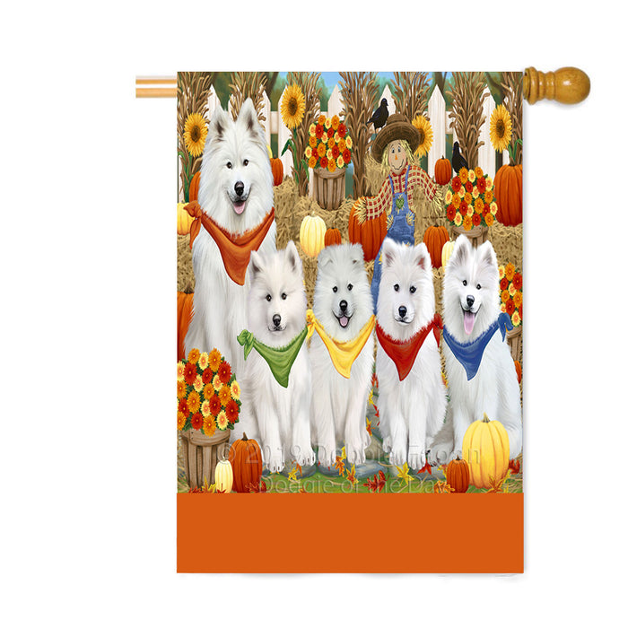 Personalized Fall Festive Gathering Samoyed Dogs with Pumpkins Custom House Flag FLG-DOTD-A62085