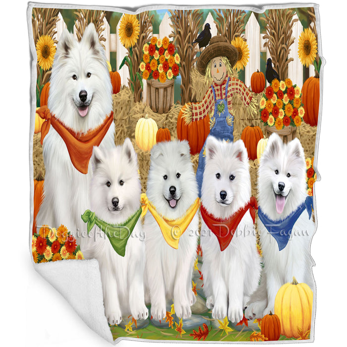 Fall Festive Gathering Samoyeds Dog with Pumpkins Blanket BLNKT73281