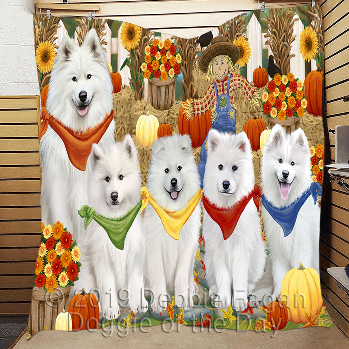 Fall Festive Harvest Time Gathering Samoyed Dogs Quilt