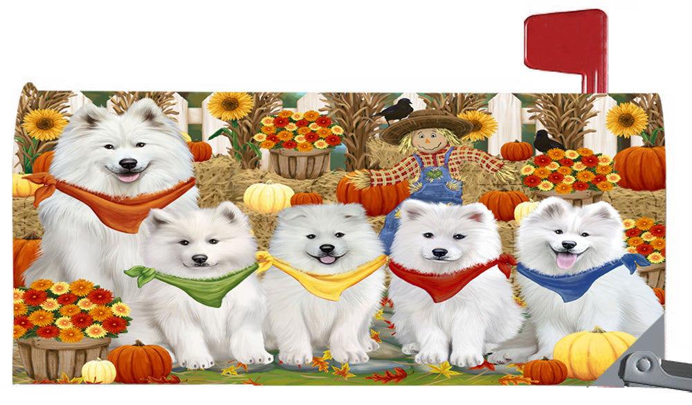 Fall Festive Harvest Time Gathering Samoyed Dogs 6.5 x 19 Inches Magnetic Mailbox Cover Post Box Cover Wraps Garden Yard Décor MBC49110
