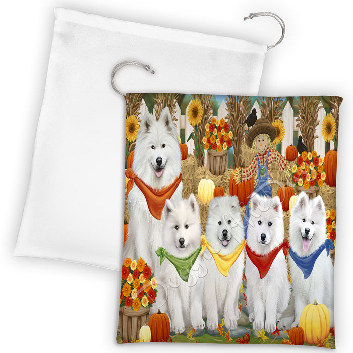 Fall Festive Harvest Time Gathering Samoyed Dogs Drawstring Laundry or Gift Bag LGB48432