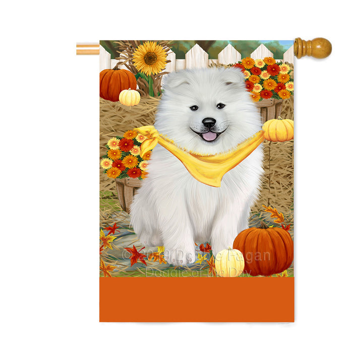 Personalized Fall Autumn Greeting Samoyed Dog with Pumpkins Custom House Flag FLG-DOTD-A62086