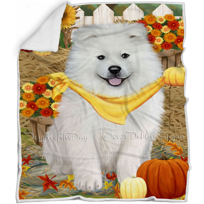 Fall Autumn Greeting Samoyed Dog with Pumpkins Blanket BLNKT73722