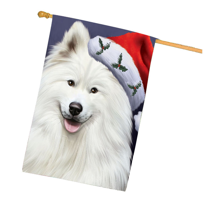 Christmas Santa Hat Samoyed Dog House Flag Outdoor Decorative Double Sided Pet Portrait Weather Resistant Premium Quality Animal Printed Home Decorative Flags 100% Polyester