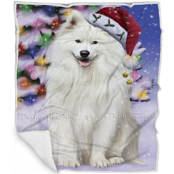 Winterland Wonderland Samoyed Dog In Christmas Holiday Scenic Background Blanket D205