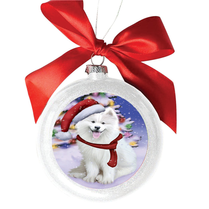 Winterland Wonderland Samoyed Dog In Christmas Holiday Scenic Background White Round Ball Christmas Ornament WBSOR49631