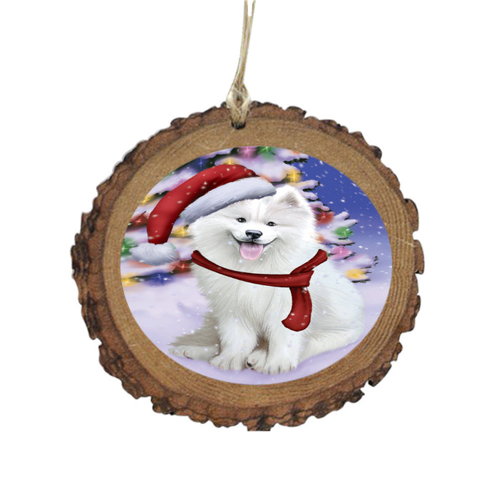 Winterland Wonderland Samoyed Dog In Christmas Holiday Scenic Background Wooden Christmas Ornament WOR49631