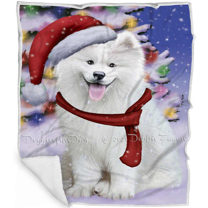Winterland Wonderland Samoyed Dog In Christmas Holiday Scenic Background Blanket D206