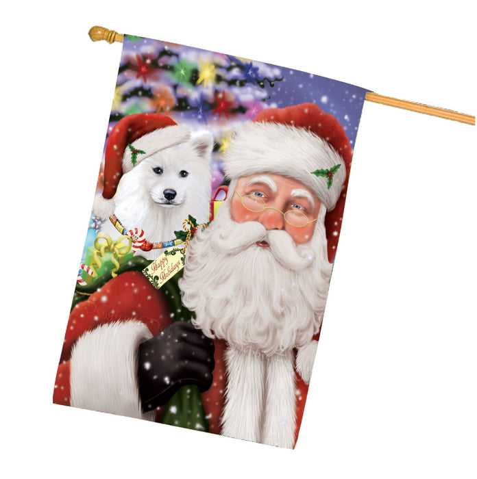 Christmas Santa with Presents and Samoyed Dog House Flag Outdoor Decorative Double Sided Pet Portrait Weather Resistant Premium Quality Animal Printed Home Decorative Flags 100% Polyester FLG68052