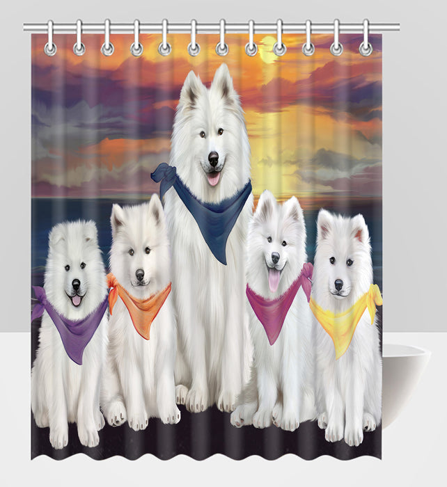 Family Sunset Portrait Samoyed Dogs Shower Curtain