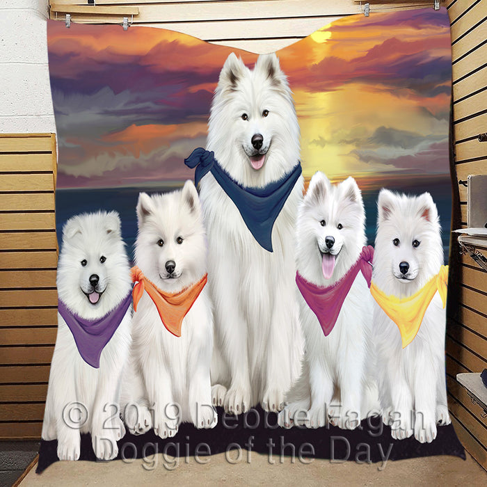 Family Sunset Portrait Samoyed Dogs Quilt