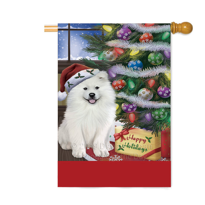Personalized Christmas Happy Holidays Samoyed Dog with Tree and Presents Custom House Flag FLG-DOTD-A58718
