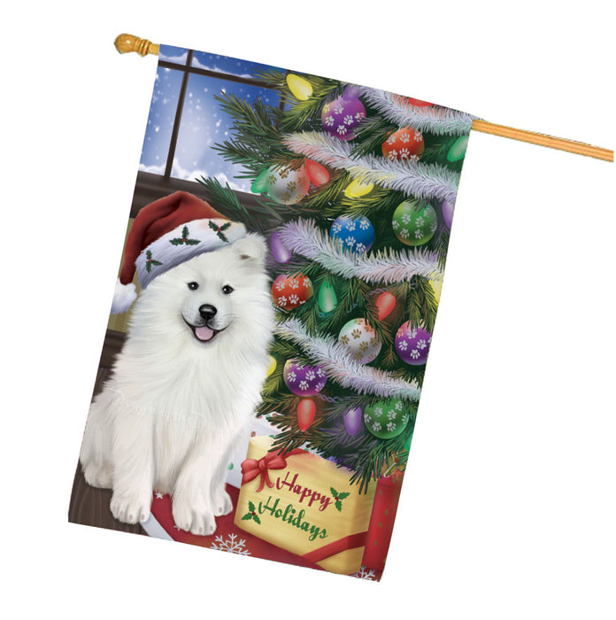 Christmas Tree with Presents Samoyed Dog House Flag Outdoor Decorative Double Sided Pet Portrait Weather Resistant Premium Quality Animal Printed Home Decorative Flags 100% Polyester