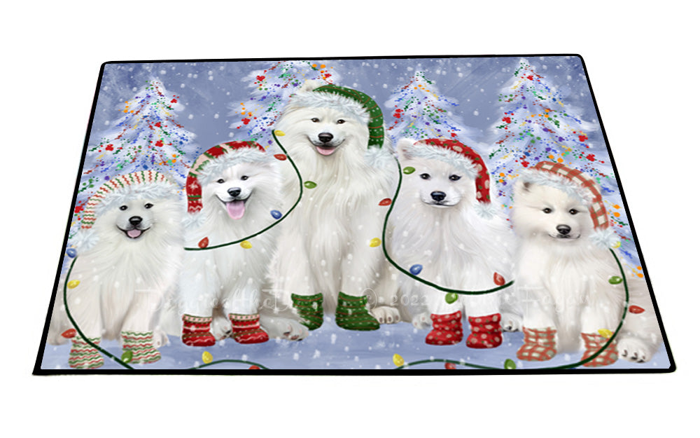 Christmas Lights and Samoyed Dogs Floor Mat- Anti-Slip Pet Door Mat Indoor Outdoor Front Rug Mats for Home Outside Entrance Pets Portrait Unique Rug Washable Premium Quality Mat