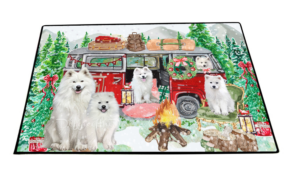 Christmas Time Camping with Samoyed Dogs Floor Mat- Anti-Slip Pet Door Mat Indoor Outdoor Front Rug Mats for Home Outside Entrance Pets Portrait Unique Rug Washable Premium Quality Mat