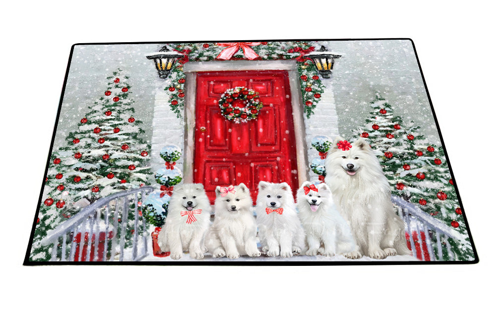 Christmas Holiday Welcome Samoyed Dogs Floor Mat- Anti-Slip Pet Door Mat Indoor Outdoor Front Rug Mats for Home Outside Entrance Pets Portrait Unique Rug Washable Premium Quality Mat