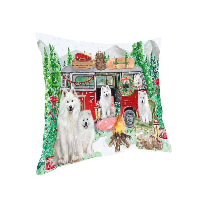 Christmas Time Camping with Samoyed Dogs Pillow with Top Quality High-Resolution Images - Ultra Soft Pet Pillows for Sleeping - Reversible & Comfort - Ideal Gift for Dog Lover - Cushion for Sofa Couch Bed - 100% Polyester