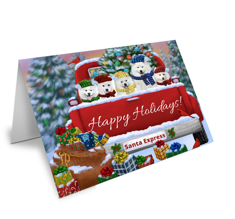 Christmas Red Truck Travlin Home for the Holidays Samoyed Dogs Handmade Artwork Assorted Pets Greeting Cards and Note Cards with Envelopes for All Occasions and Holiday Seasons