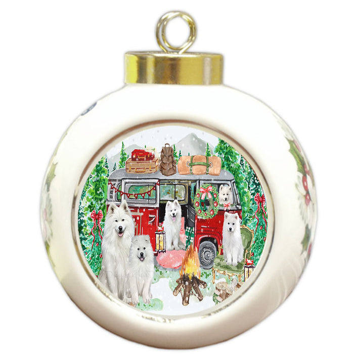 Christmas Time Camping with Samoyed Dogs Round Ball Christmas Ornament Pet Decorative Hanging Ornaments for Christmas X-mas Tree Decorations - 3" Round Ceramic Ornament