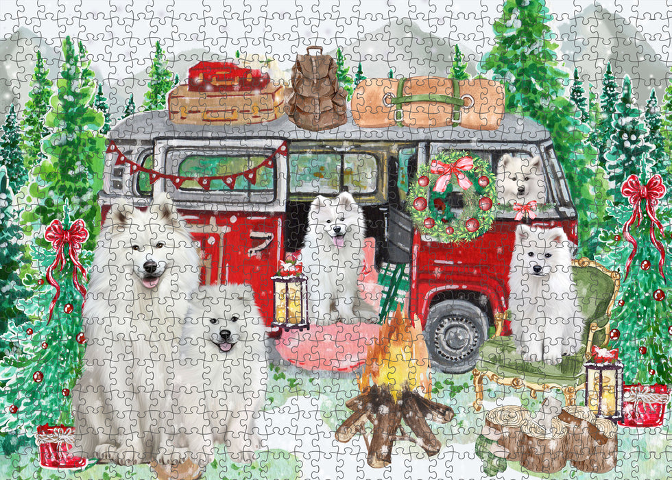 Christmas Time Camping with Samoyed Dogs Portrait Jigsaw Puzzle for Adults Animal Interlocking Puzzle Game Unique Gift for Dog Lover's with Metal Tin Box