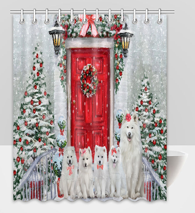 Christmas Holiday Welcome Samoyed Dogs Shower Curtain Pet Painting Bathtub Curtain Waterproof Polyester One-Side Printing Decor Bath Tub Curtain for Bathroom with Hooks