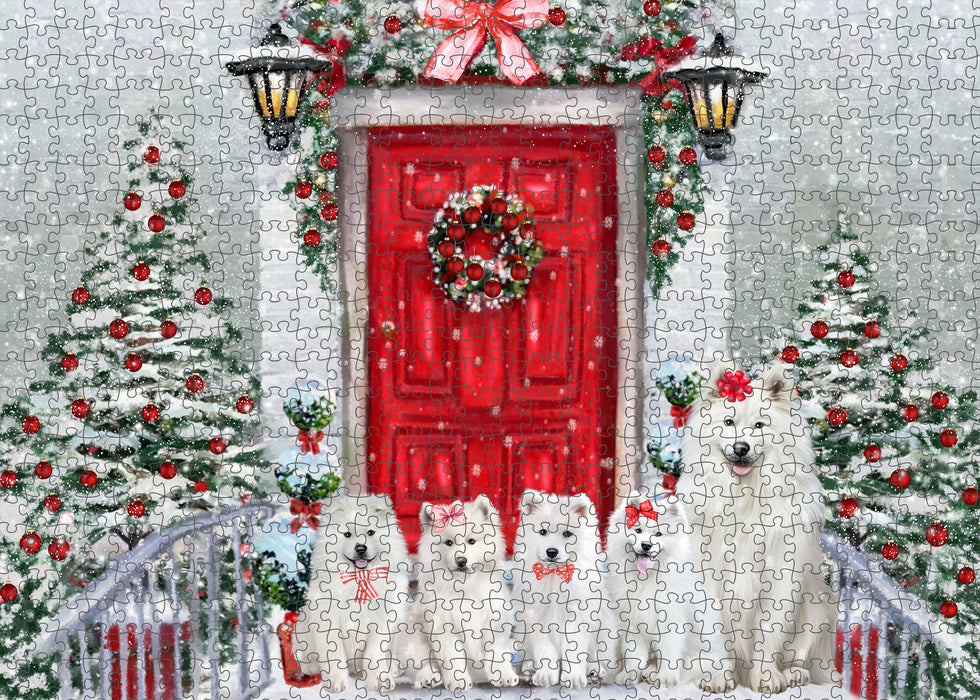 Christmas Holiday Welcome Samoyed Dogs Portrait Jigsaw Puzzle for Adults Animal Interlocking Puzzle Game Unique Gift for Dog Lover's with Metal Tin Box