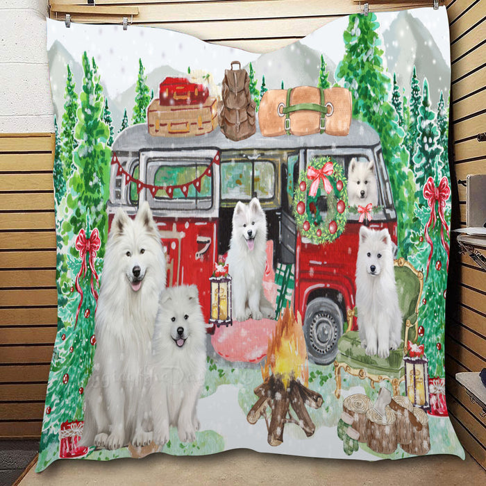 Christmas Time Camping with Samoyed Dogs  Quilt Bed Coverlet Bedspread - Pets Comforter Unique One-side Animal Printing - Soft Lightweight Durable Washable Polyester Quilt
