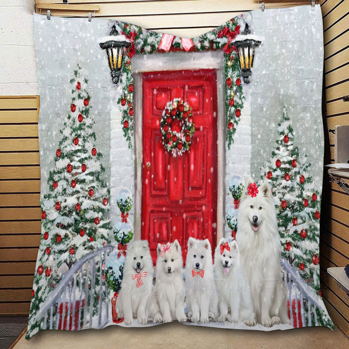 Christmas Holiday Welcome Samoyed Dogs  Quilt Bed Coverlet Bedspread - Pets Comforter Unique One-side Animal Printing - Soft Lightweight Durable Washable Polyester Quilt